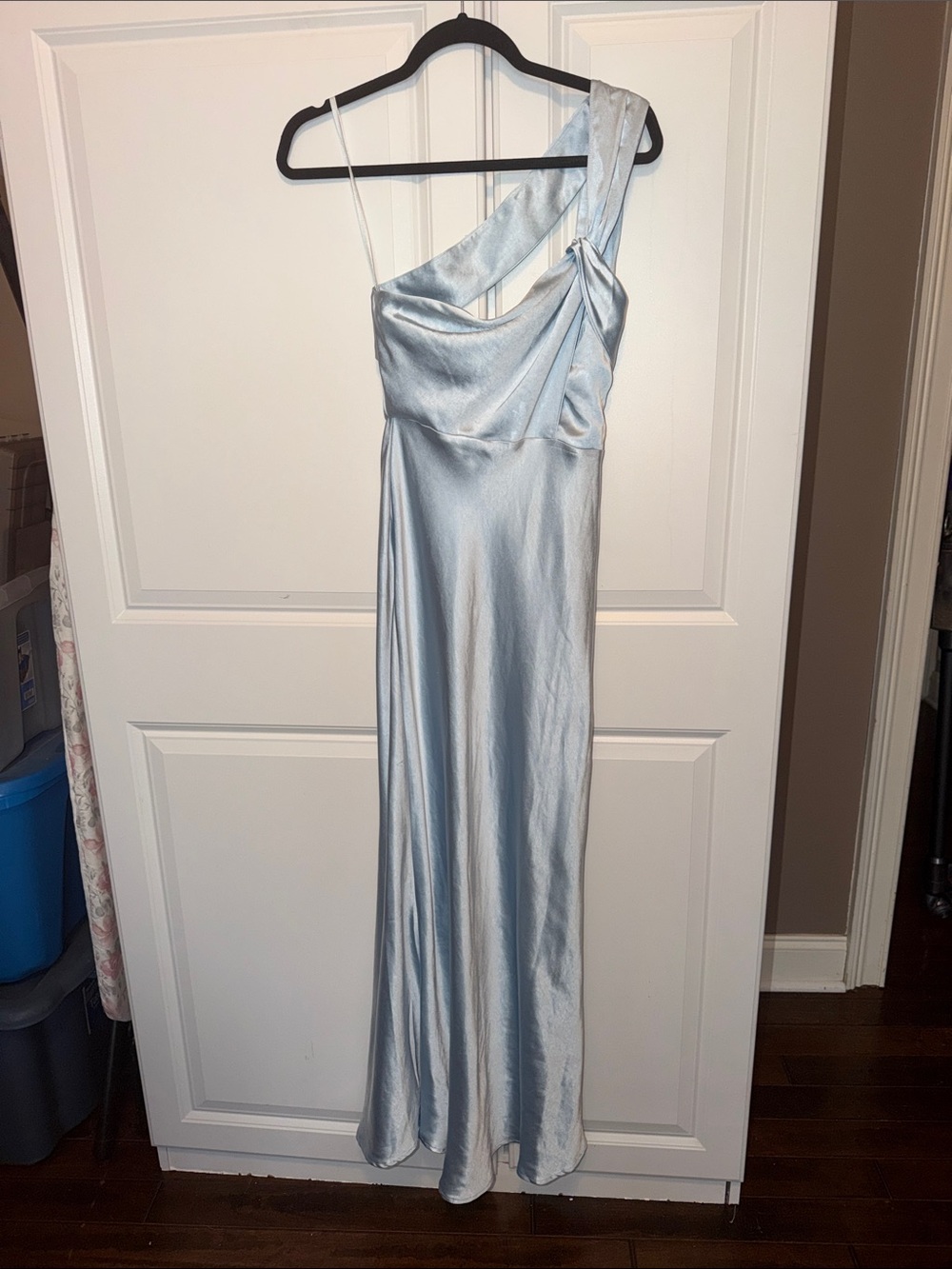 One-Shoulder Satin Evening Gown in Light Blue